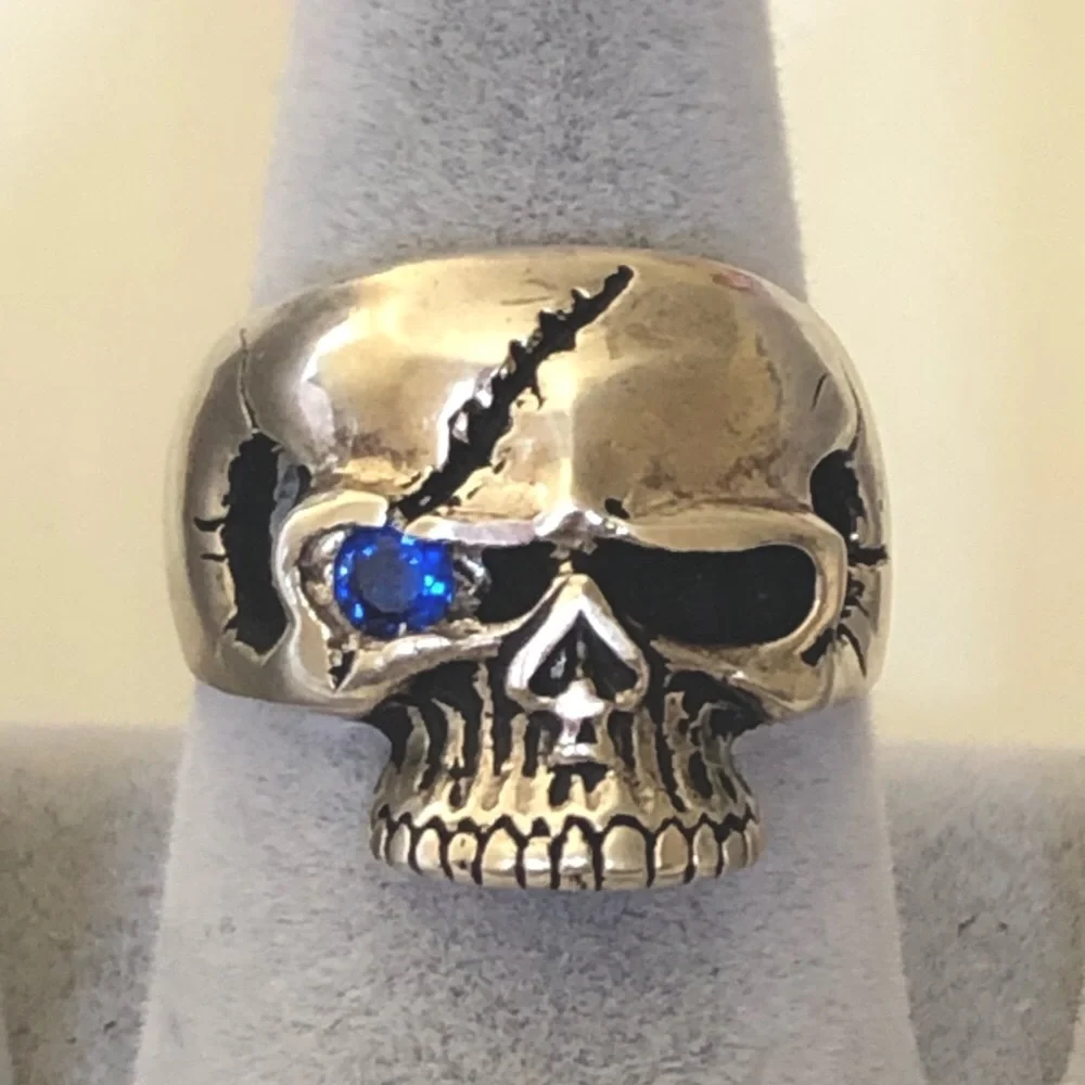 925 silver 11.25 size skull ring biker pirate blue cubic zirconia cz stones eye